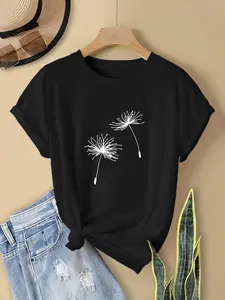 Summer Women's Loose Round Neck T-Shirt, Simple Dandelion Print, Casual Short Sleeve Top for Relaxed Style