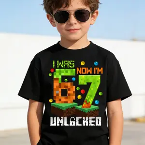 Kid's T-shirt Funny I WAS 6 NOW I'M 7 gesture robot number character mecha  lightning fun 100% cotton pattern T-shirt for boys and girls  toddler cartoon T-shirt, teen boy clothing gift   G-133