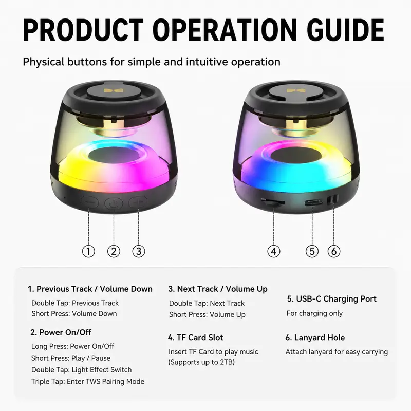 Monster Mini Bluetooth 6.0 Rechargeable Wireless Speaker - Compact RGB Multifunction Colorful Speaker with Light Show, TWS Stereo, 360° Surround Audio, Magnetic Design, TF Card Support, Long Battery Life for Home, Outdoor