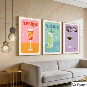 Vintage Cocktail Wall Art Set, Bar Shelving Canvas Print, Fashion Alcohol Drink Theme Posters, Home Decorations, Solid Wood Frame