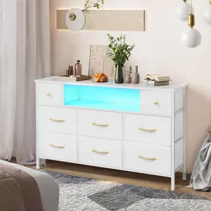 HongwayFurniture Dresser with 8 Drawers, LED Lights, Power Outlets, Wooden Top & Metal Frame for Bedrooms, Living Rooms, Entryways