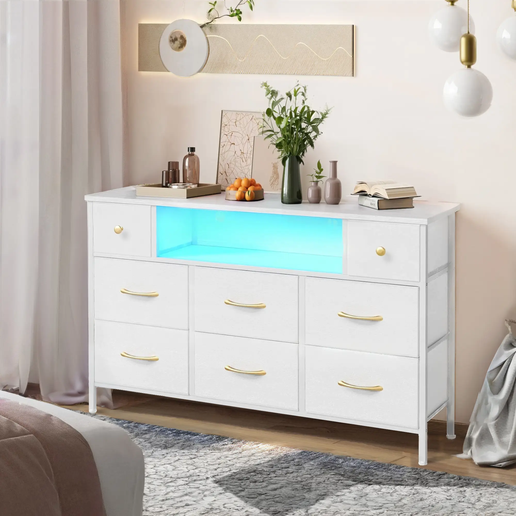 HomewayFurniture Dresser with 8 Drawers, LED Lights, Power Outlets, Wooden Top & Metal Frame for Bedrooms, Living Rooms, Entryways