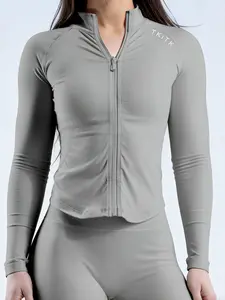 Women's Solid Zip Up Raglan Sleeve Sports Jacket, Outdoor Zipper Jacket, Sporty Long Sleeve Outerwear for Yoga Gym Workout, Ladies Sportswear for All Seasons
