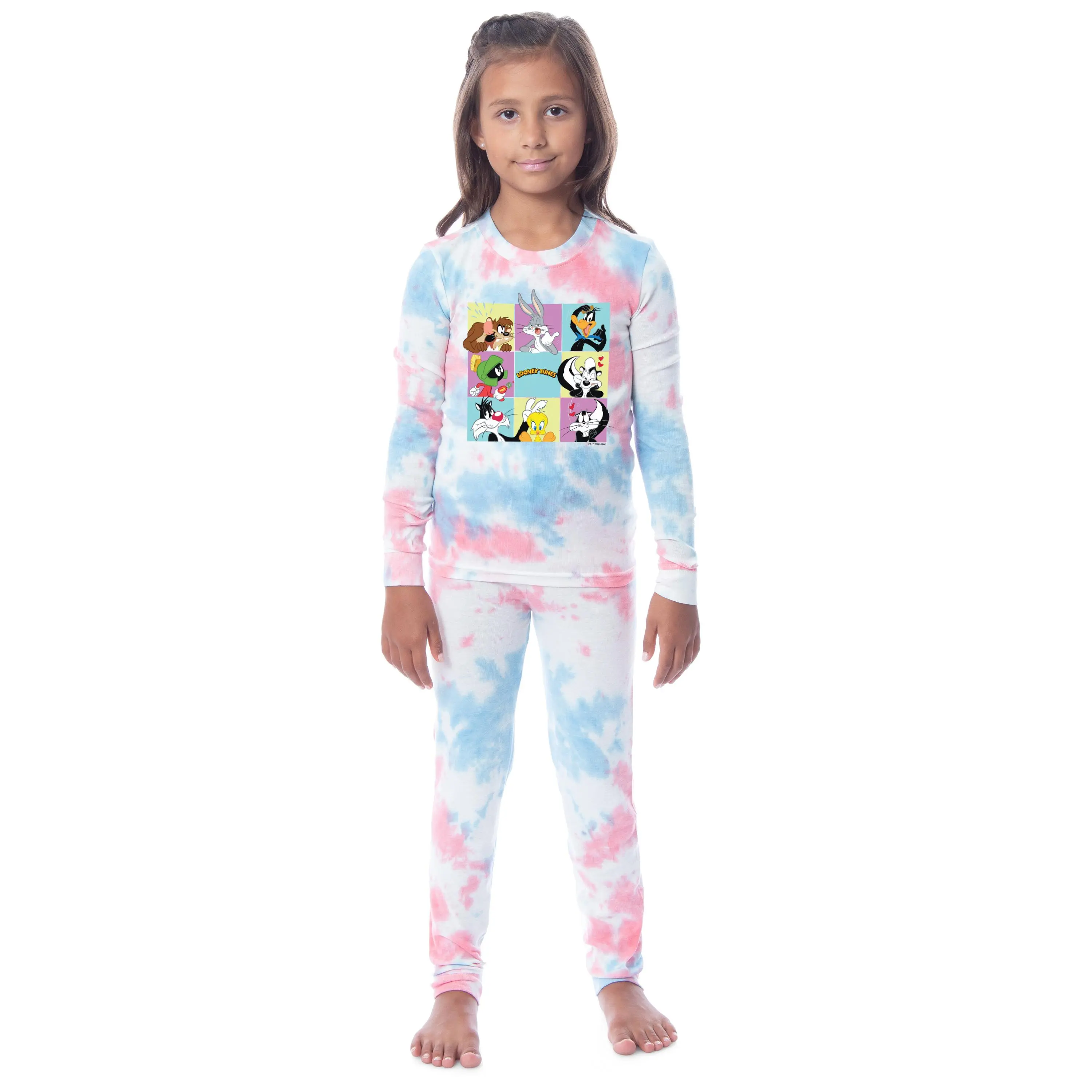 Looney Tunes Bugs Bunny Daffy Taz Marvin Tweety Character Squares Girls' Long Sleeve 2 Piece Tight Fit Pajama Set