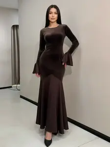 Fashion Elegant Flare Sleeve Lace-Up Bodycon Dress, Long Sleeve Casual Fall Dress, Plain Pattern, Slender-Fitting Design