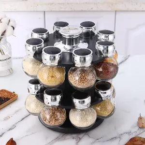 16 Jar Revolving Countertop Spice Rack with Lift &amp; Pour Caps and Spices Included, FREE Spice Refills for 5 Years: Black and Chrome