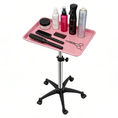 Classic Pink Rectangular Aluminium Rolling Tray Cart - 3-in-1 Commercial Salon Furniture, Salon Equipment with Wheels Roll to Set, 360° Rotatable Design, Height Adjustment, Easy Installation, Chest/Shoulder/Flat Use for Hair Color Services