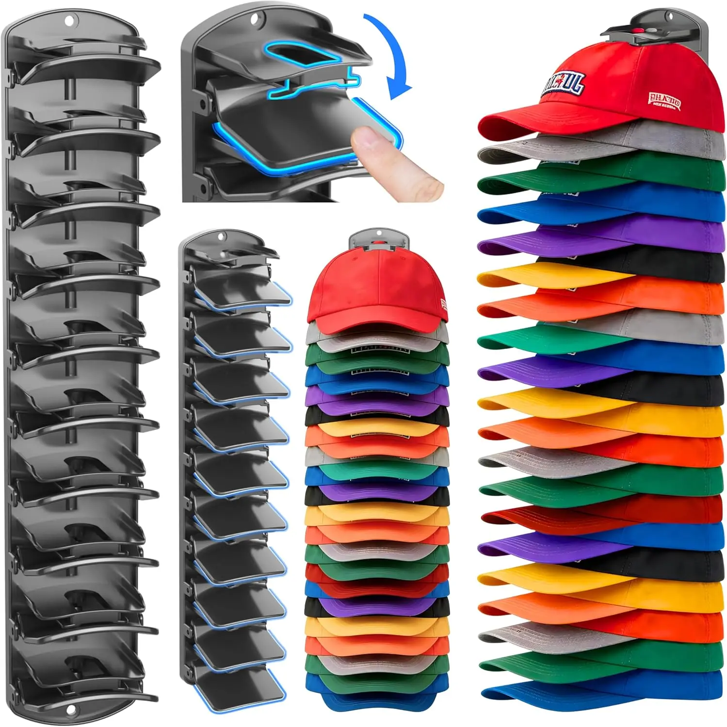Matte Black Hanging Hat Organizer (2 Packs, Double Capacity) - 40-Cap Storage, Wall Mount/Closet Hanger, Spring Clips, Strong Adhesive & Screws, Room Decor Home Organizer