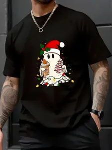 100% Cotton Unisex Cute Christmas Ghost Coffee Tree Cake Xmas Lights Boojee T-Shirt， men's autumn short-sleeved shirt, featuring maple leaf and Thanksgiving Halloween prints