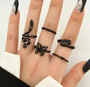 Women's Black Rings - Set of 5, Black Snake Rings, Black Nail Rings