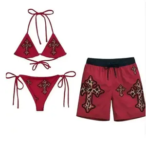 Summer Cross Matching Couple Swimsuit Set – Gothic Bikini & Men’s Sports Mesh Shorts, Beach Party Vacation Outfit