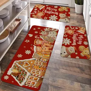 2/3pcs Christmas Kitchen Carpet Floor Mat, Retro Gingerbread Man, Christmas Tree Pattern Non Slip Floor Mat, Comfortable Soft Flannel Floor Mat, Suitable for Kitchen, Entrance Door, Laundry Room, Bathroom, Home Decor Rugs