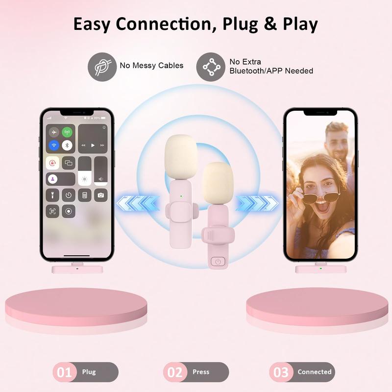 2 Pcs Pink Wireless Lavalier Mini Microphone for iPhone iPad, Professional Lapel Mics, Plug-Play,Ultra-Low Delay Noise Reduction Chip of Lapel Microphone for Video Recording Interview Conference Podcast Vlog