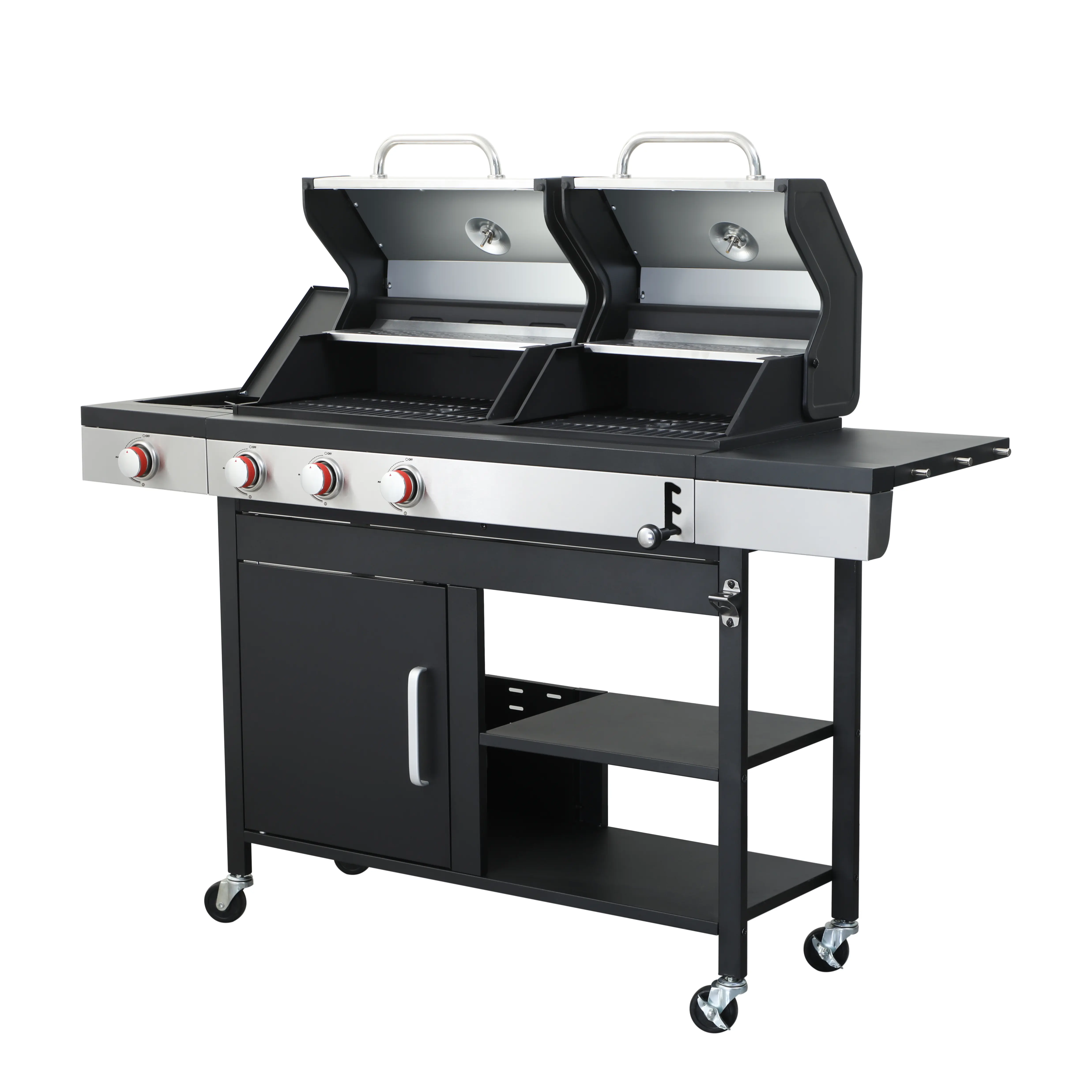 Portable 3-Burner Gas Charcoal Combo Grill - 37230BTU Output, Enameled Cast Iron Cooking Grids, Heat-Resistant BBQ Rack, Rotatable Design, Rust-Resistant Stainless Steel Construction, Portable Charcoal Grill
