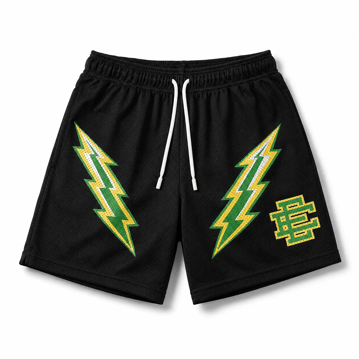 Eric Emanuel EE Short Black Green Bolt, Men’s Mesh Basketball Shorts, Lightning Graphic Streetwear Athletic Shorts