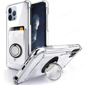 Black Magnetic Transparent iPhone Case with Card Slot and Ring Holder