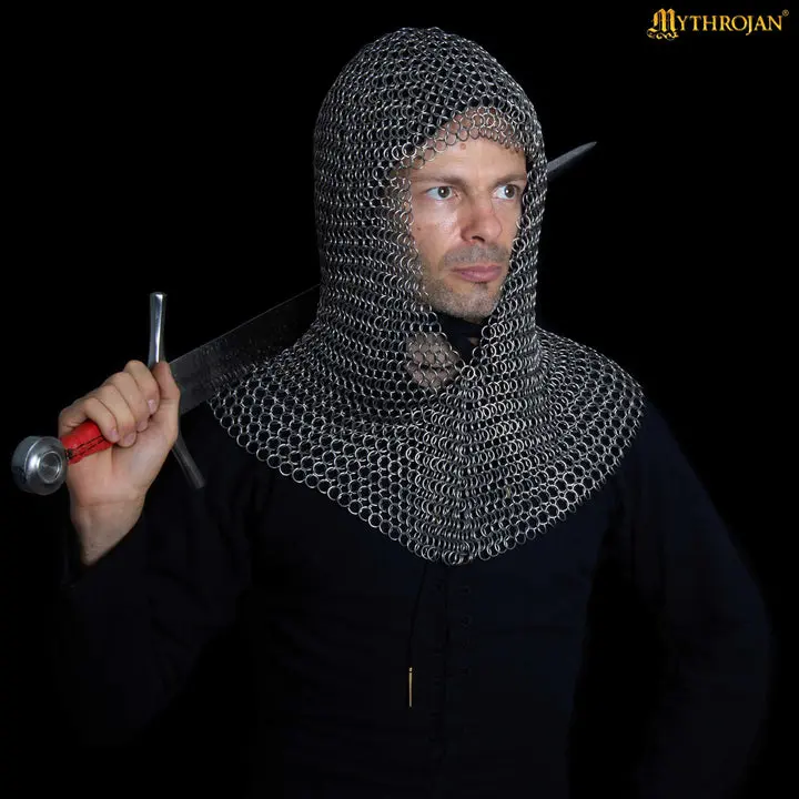 Mythrojan Stainless Steel Butted Chainmail Coif - 16 Gauge Menswear Classics Fancy Costumes for Medieval Knight LARP, Clothes, Large, Butted Links, Historic, Rustproof, Chain Pattern, Historical, Classic Pattern