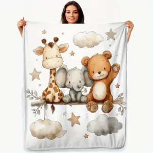 1pc Flannel Animals Print Blanket - Giraffe, Elephant & Teddy Bear Bedspread, Soft Lightweight Bed Cover Room, All-Season Cozy Bedding with Neutral Beige/Brown/ Colors, Easy Foldable Storage