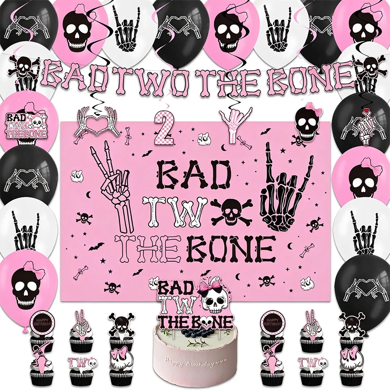 BAD TWO THE BONE Birthday Party Decorations Banners Balloons Backdrop Cake Inserts Party Supplies