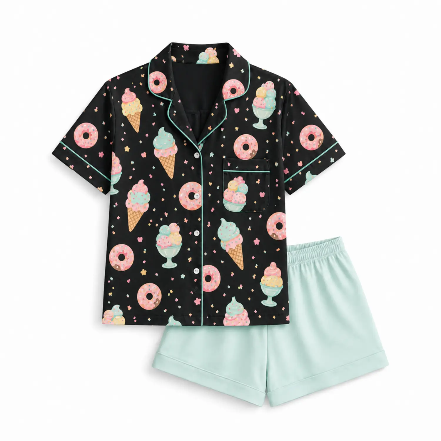 Black Button-Up Pajama Set with Ice Cream and Donut Print - Short Sleeve Summer Loungewear
