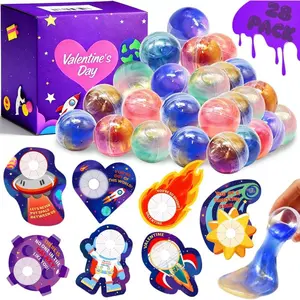 28PCS Galaxy Slime Balls with Space Valentines Cards Slime Stress Relief Fidget for Valentine School Classroom Prize Exchange, Valentine Party Favors