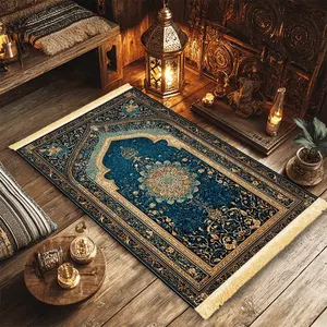1pc Blue Gold Dreamweaver Prayer Mat - 100% Polyester, Machine Washable, for Indoor/Outdoor, Pilgrimage & Meditation, Islamic Wall Art