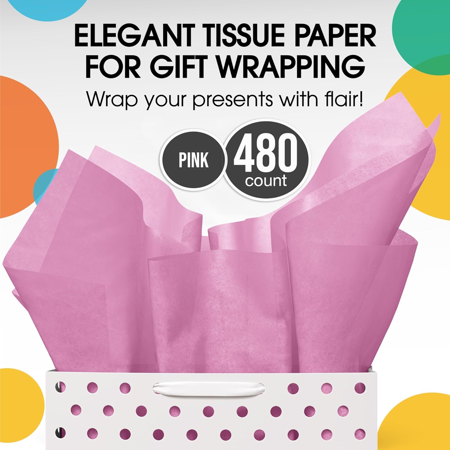 Party Solids Pink Tissue Paper for Gift Bags - 15" X 20" Bulk Tissue Paper Pink 480 Sheets - 10lb Newsprint for Packing, Birthday Gift Box Filler, Packing Supplies for Moving Supplies
