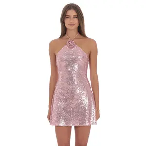 Sequin Florette Halter Dress in Pink