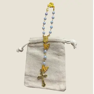 Light Periwinkle Butterfly Car Rosary with Gold Crucifix and Beads in Linen Bag