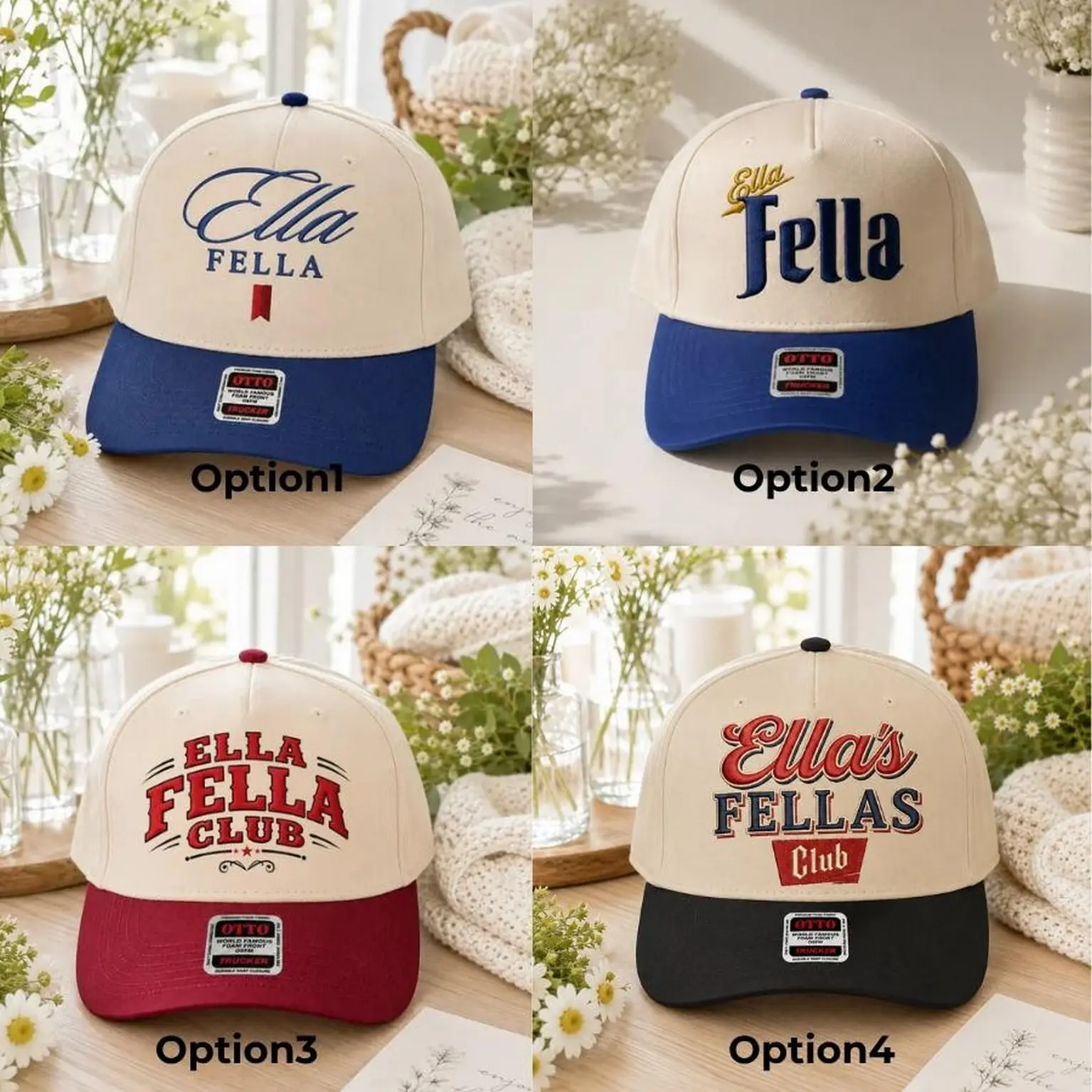 Ella’s Fellas Club Embroidered OTTO Trucker Hat, Vintage Beer Style Two Tone Snapback Cap, Retro Lake Day Boat Hat, Summer Party Vacation Cap, Casual Outdoor Hat, Funny Club Gift For Men Women, Multiple Design Options