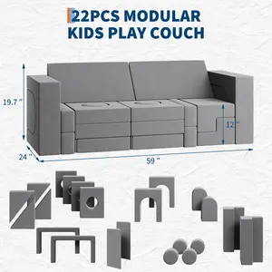 Modular Kids Play Couch, 22Pcs/13Pcs Kids Explorer Couch, Convertible Foam Play Couch for Bedroom and Playroom Furniture, 2 Seat Gray Couch for Kids