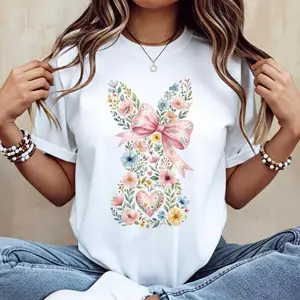 Elegant Women's Casual Round Neck Short Sleeve TShirt Featuring Easter Bunny Design with Pink Bow and Colorful Swirls Perfect for Spring Festival Holiday Wear Streetwear