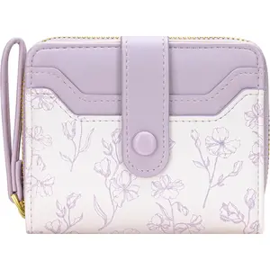 Wallet for Women Cute Floral Flower Wallet RFID Credit Card Holder Purse Small Bifold Zipper  Pocket Purse with ID Windows (Lavender)