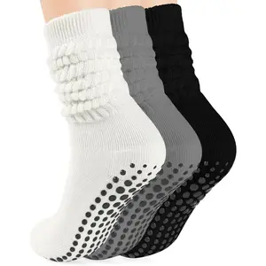 3pairs Grip Pilates Yoga Socks for Women, Slouch Socks with Grip for Barre Workout Hospital Long Scrunch Slipper Socks