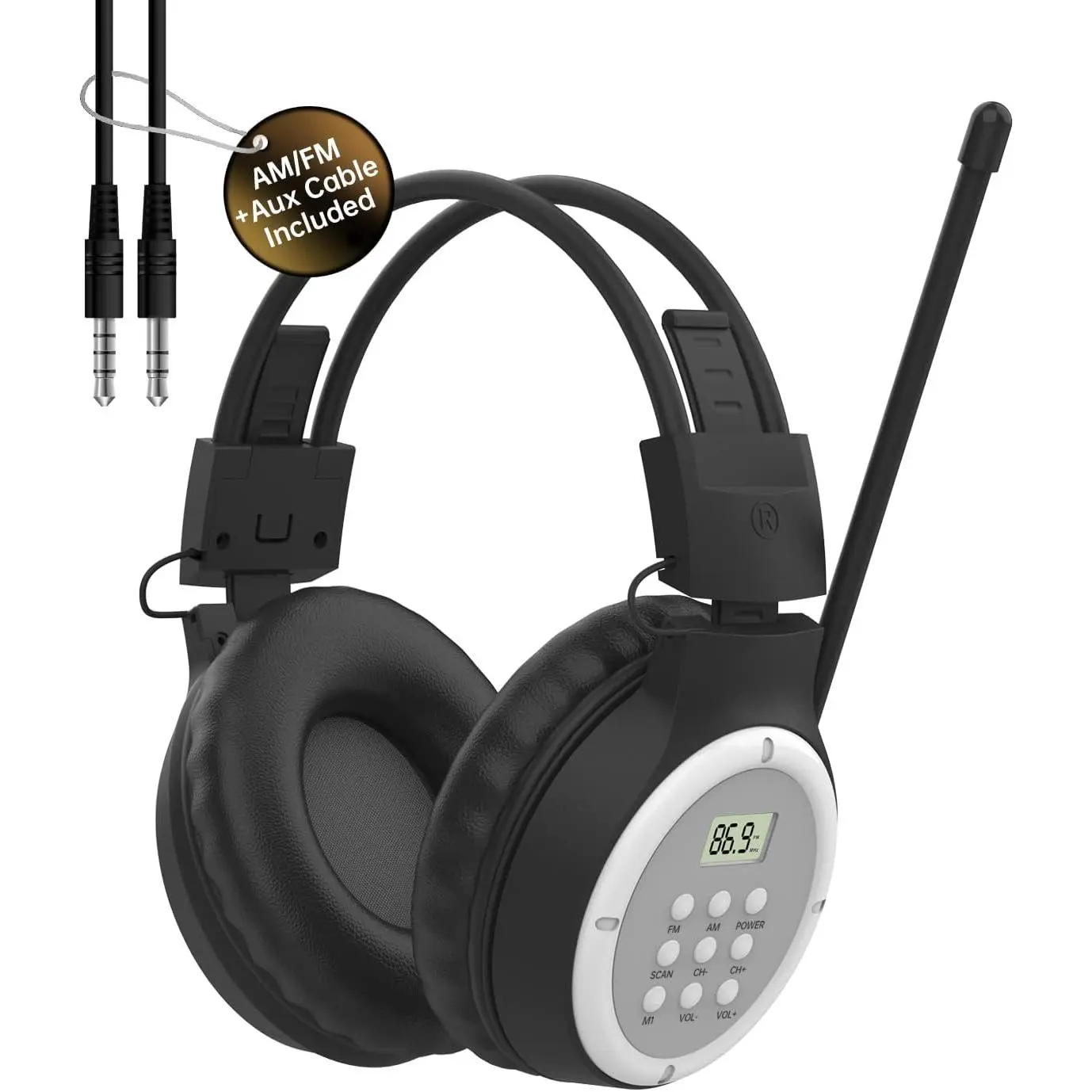 AM/FM Digital Over-Ear Radio Headphones with Memory Foam Ear Cushions, Audio Headphone Jack Compatibility, Intuitive Controls, Strong Reception, 2 AA Battery-Powered (Not Included), Non-Water Resistant for Travel, Outdoor Use, Cable