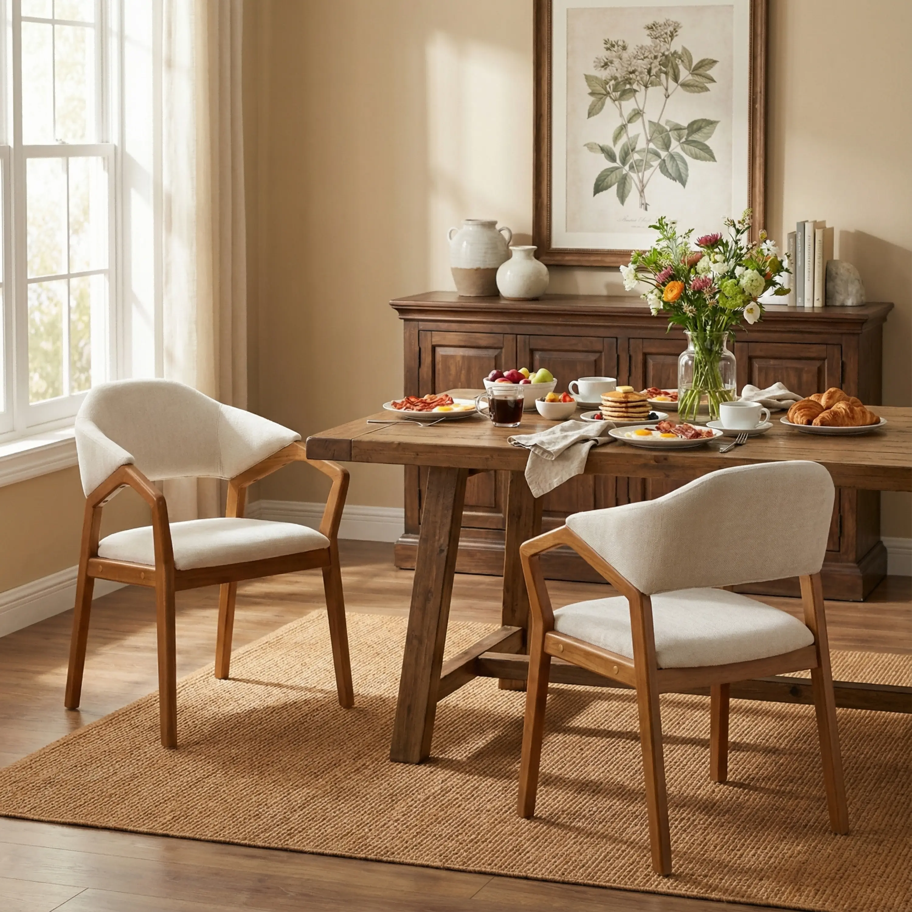 Set of 2 Modern Beige Chenille Upholstered Dining Chairs, Sturdy Wood Frame Armchair with Ergonomic Curved Backrest Support for Kitchen Living Room, 300lbs Capacity, Beige
