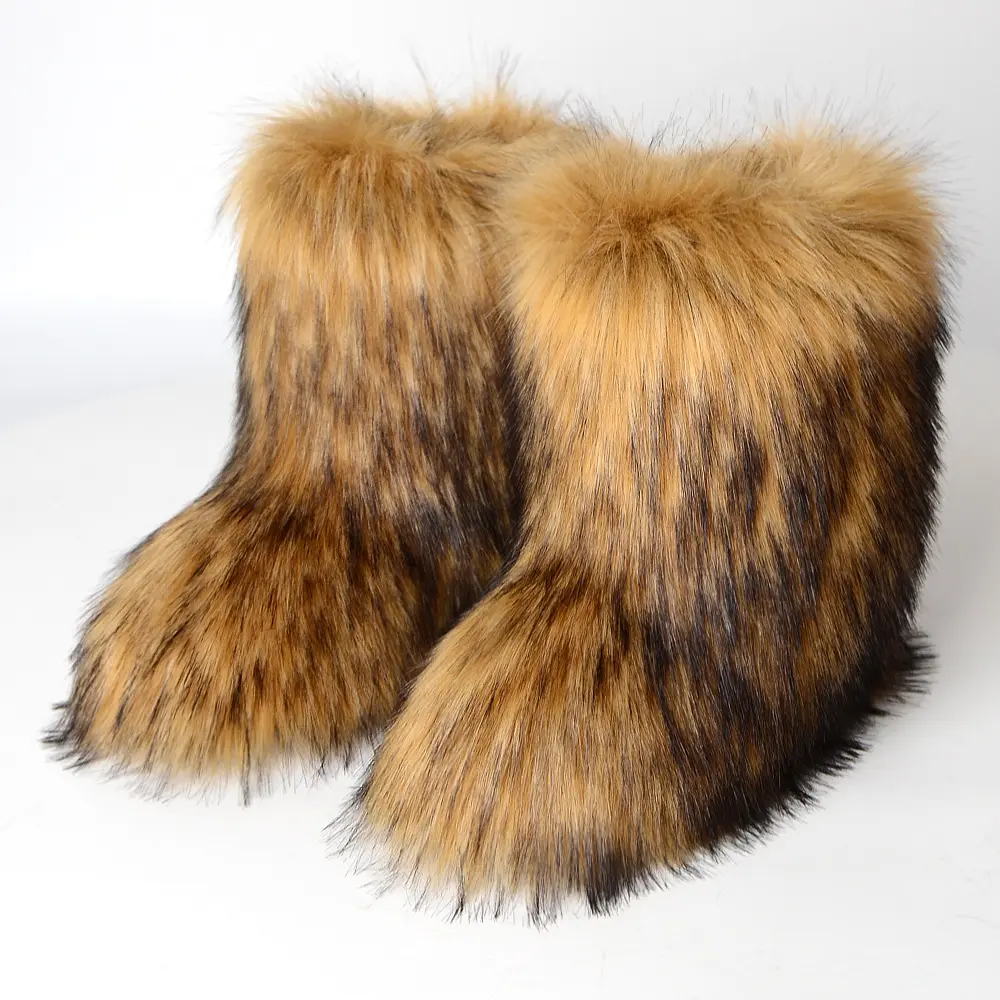 Women's Flat Boots Fluffy Faux Fur Snow Boots Girl Footwear Brown  Walking Shoes