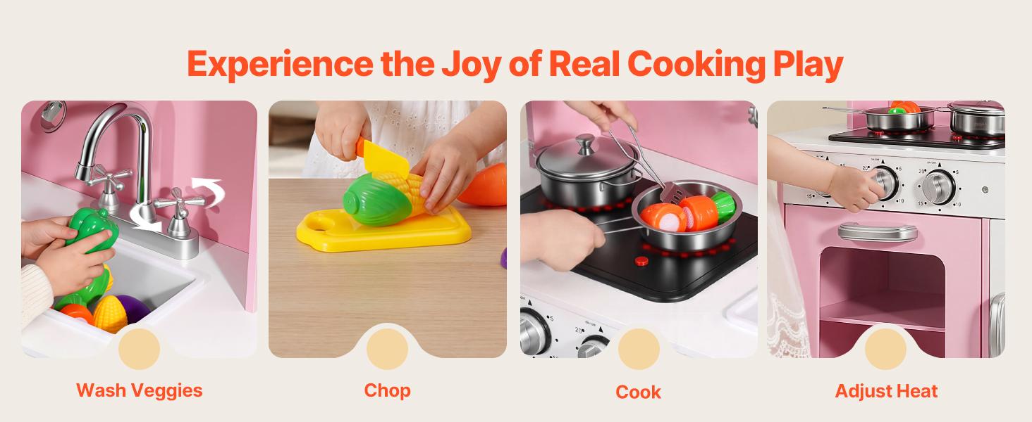 VEVOR Play Kitchen for Kids, Wooden, Kids Kitchen Playset with Real Lights & Sounds, Food & Cookware, Pretend Play Toy Set, Microwave, Oven, Clicking Knobs, for Toddlers, Girls & Boys Ages 3-8, Pink