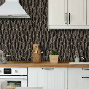 17.7" x 118" Geometric Hexagon Peel and Stick Wallpaper - Decorative Wallpaper Black and Gold Removable Geometric Contact Paper for Drawer, Shelf, Cabinet, Countertop, Door
