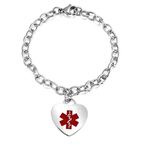 Link Chain Red Medical ID Bracelet with Heart Tag Silver Tone 7-7.5 Inch