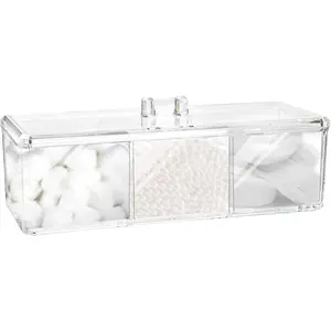 Square Qtip Holder Dispenser, 3 Compartments Cotton Ball Holder, Bathroom Canisters for Cotton Swab, Ball, Cottons Pad Organizer, Clear Acrylic Containers with Lid for Bathroom Vanity Countertop