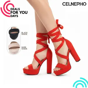 CELNEPHO Womens Heeld Sandals Open Round Toe Crossed Strap Platform Block Heel Lace-Up Design Ankle Strap Party Dressy Evening Date Barbiecore Casual Summer Wear Heel Dress Shoes Deals For You Days