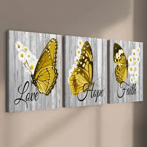 3 count wooden frame canvas, Golden Butterfly Meaningful: Love · Hope · letter triple decorative poster, exquisite mural, stylish bedroom decoration, modern home decoration, living room and corridor wall decoration, HD, waterproof, art