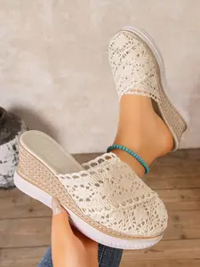 Summer Breathable Hooked Flower Wedge Mules, Height-Boosting Slimming Non-Slip Soft Sole Slip-On Shoes, Casual Textile Rubber Slippers, Women, Footwear