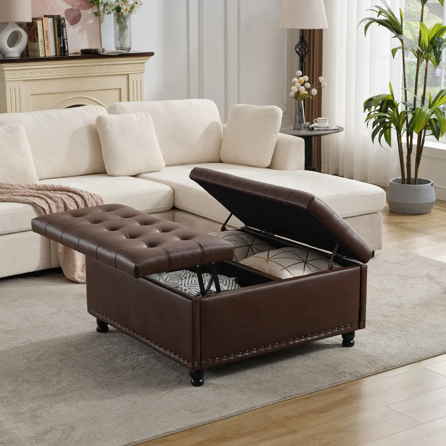 Tbfit Large Storage Ottoman Coffee Table - Tufted Upholstered Lift Top Ottoman Bench with Hidden Storage, Solid Wood Legs, Rivet Detail Charm, 35.5" Size, 300 lb Support, Extra Seat & Table for Living Room Decor (SohoChic)