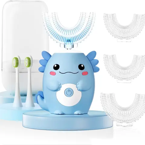 Axolotl Kids Cartoon U-Shaped Rechargeable Electric Toothbrush - Sonic Cleaner, 6 Brush Heads, 6 Modes, Full Coverage for Children’s Teeth Daily Care, Teeth Cleaning at Home, Oral Health, Plaque Removal Solutions, Smile Care