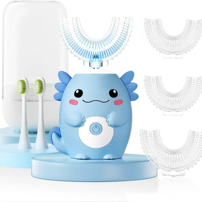 Axolotl Kids Cartoon U-Shaped Rechargeable Electric Toothbrush - Sonic Cleaner, 6 Brush Heads, 6 Modes, Full Coverage for Children’s Teeth Daily Care, Teeth Cleaning at Home, Oral Health, Plaque Removal Solutions, Smile Care