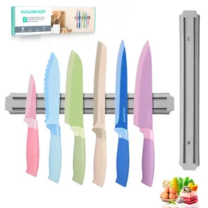 #fathersdaygift HAUSHOF Kitchen Knife Set with Magnetic Knife Strip for Wall, 6-Piece Colorful Knives Set for Kitchen, Non-Stick Coated Stainless Steel Blades for Slicing, Dicing, Magnetic Knife Holder for Storage