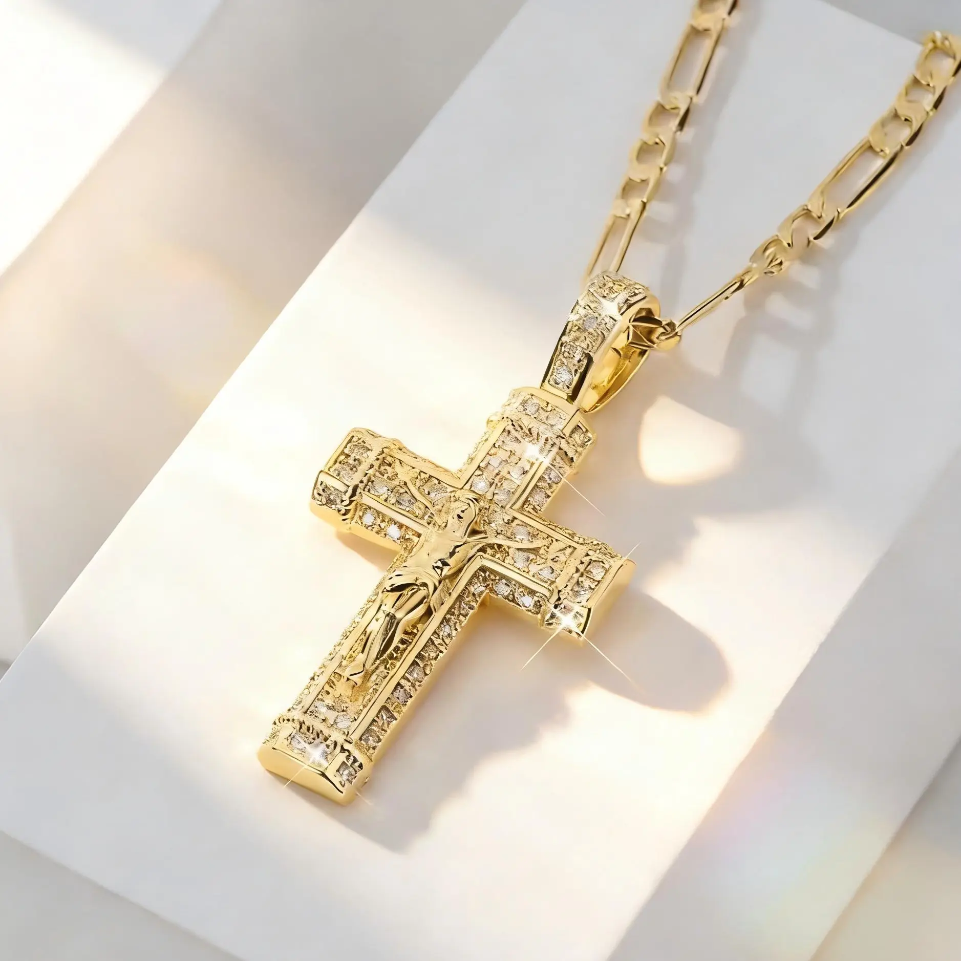 14K Gold Plated Crucifix Cross Pendant Necklace with Cubic Zirconia, Figaro Chain, Religious Jewelry for Men and Women