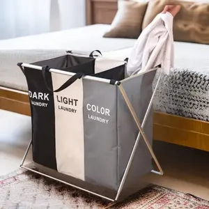 Three-section laundry basket, printed in dark and light colors, foldable hamper and sorter, comes with a waterproof oxford bag and a sturdy aluminum frame, perfect for washing clothes at home or in the dorm